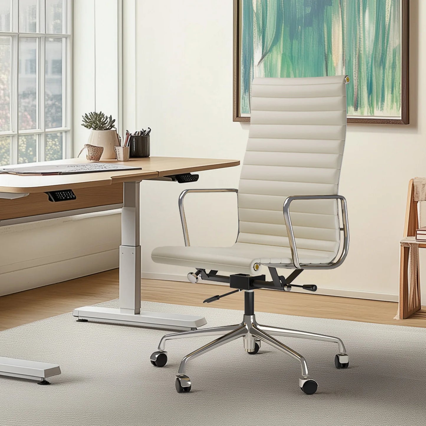 High Back Ribbed Genuine Leather Office Chair Adjustable Ergonomic Computer Chair with Aluminium Alloy Frame  Swivel Chair