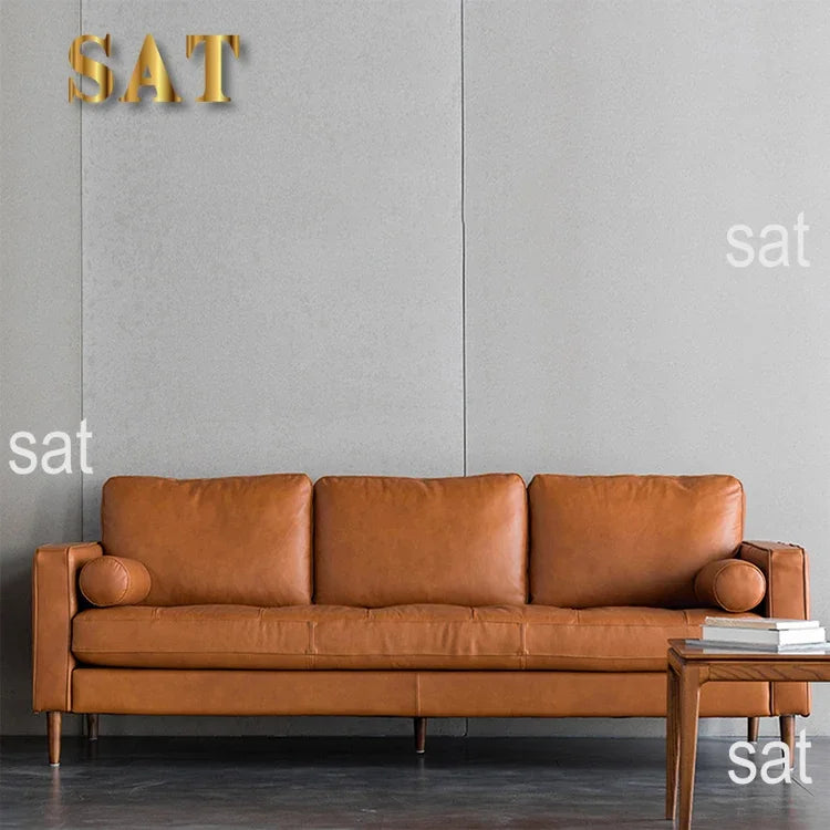 for Mid Century Modern Genuine Leather 3 Seat Sofa Home Furniture Vintage Wood Leg Sofa Living Room Sofas Set