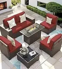 QAZ8-7 Piece Patio Furniture Set Fire Pit Table. Outdoor Conversation Sets Wicker Rattan Sectional Sofa with Coffee TSZ