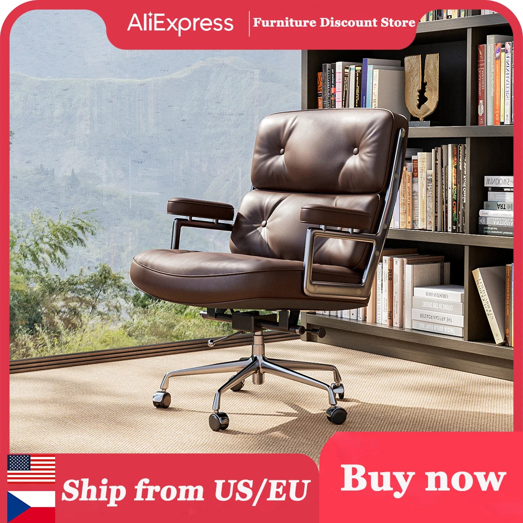 Ergonomic Office Chair Genuine Leather with Aluminum Arms and Wheels for Support Rolling Swivel Business Executive Office Chair