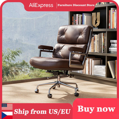 Ergonomic Office Chair Genuine Leather with Aluminum Arms and Wheels for Support Rolling Swivel Business Executive Office Chair