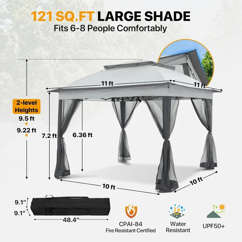 11x11 Pop Up Gazebo with Netting, Canopy Tent, Gray