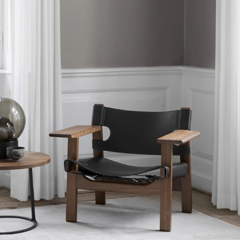 Nordic Solid Wood Living Room Chair Spanish Designer Saddle Leather Hunting Chair Living Room Furniture Balcony Leisure Chairs