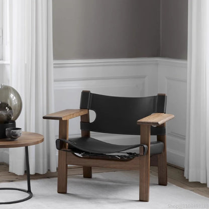 Nordic Solid Wood Living Room Chair Spanish Designer Saddle Leather Hunting Chair Living Room Furniture Balcony Leisure Chairs