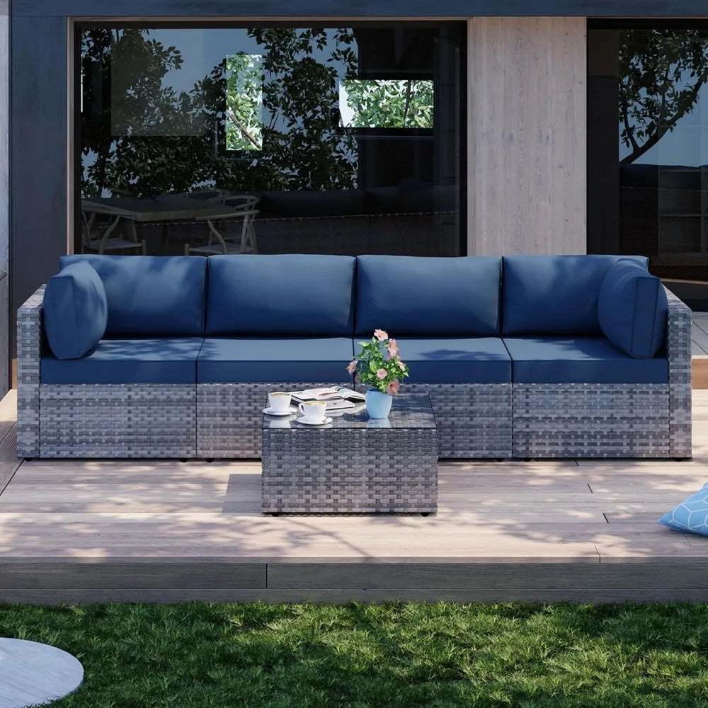 5 Pieces Outdoor Patio Sectional Sofa Couch, Silver Gray PE Wicker Furniture Conversation Sets with Washable Cushions & Glass C
