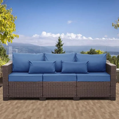 3Seat Comfortable Patio Sofa,Wicker Rattan Outdoor Couch,Steel Frame;Deep Seat High Back,Blue AntiSlip Cushions, Furniture Cover