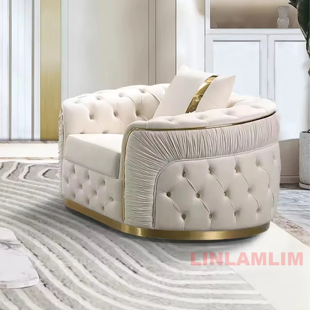 Luxury Chesterfield Sectional Sofa Set with Cloth Buttons and Fabric Modular Couch with Gold Stainless Steel Base, 3-seater Sofa