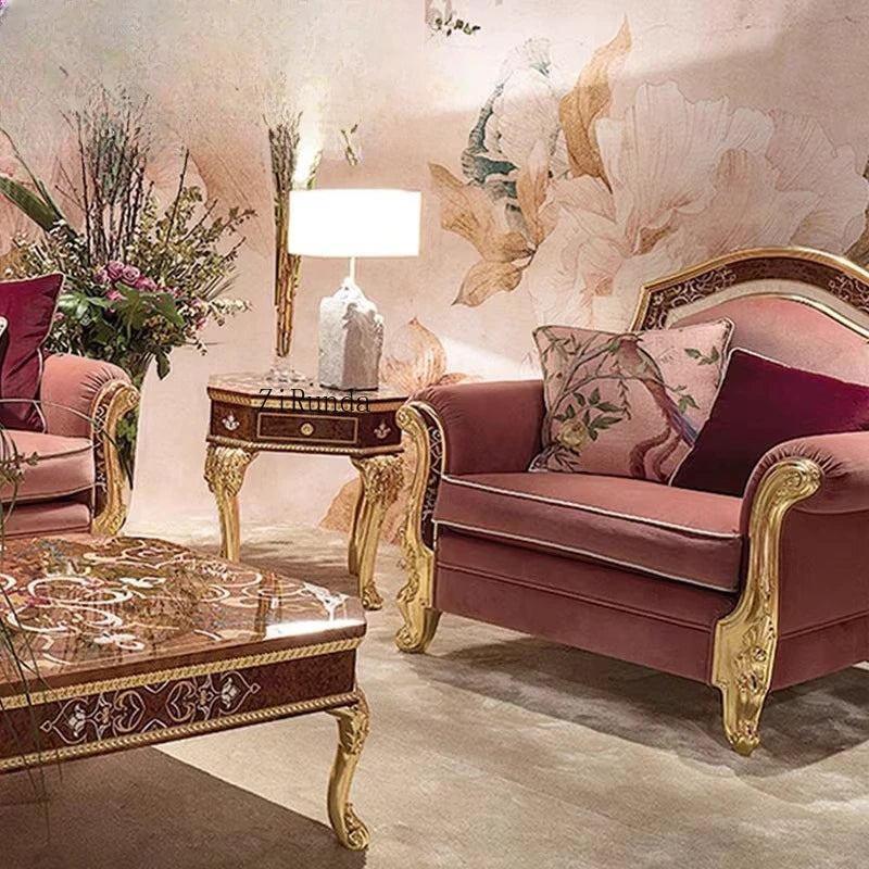 European luxury solid wood carving flower sofa French parquet fabric sofa coffee table combination