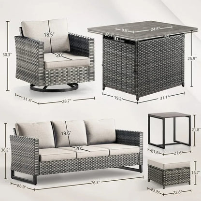 Patio Conversation Set with Fire Pit Table, Grey Resin Wicker Swivel Patio Chairs with Sofa Ottomans Side Table and Fire Table