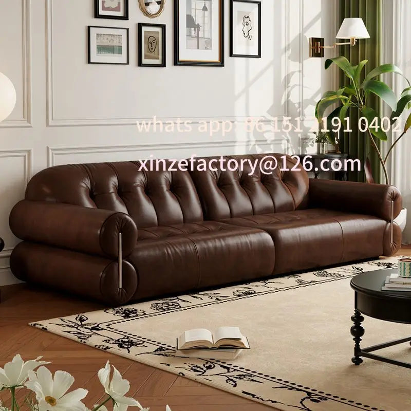 Customizable  leather sofa small apartment living room home apartment medium antique style old brown straight row French sofa