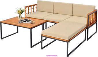 5 Piece Patio Furniture Set, Acacia Wood Sectional Set, Comfy Seat & Back Cushions, Outdoor Wood Conversation Chair Set (Beige)