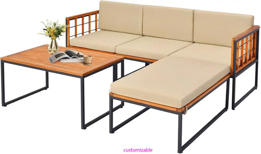 5 Piece Patio Furniture Set, Acacia Wood Sectional Set, Comfy Seat & Back Cushions, Outdoor Wood Conversation Chair Set (Beige)