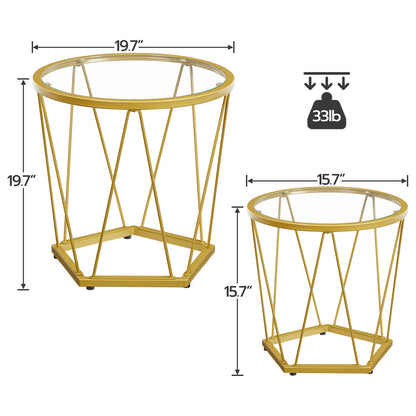 HOOBRO Coffee Table Set of 2 Round Coffee End Table with Metal Frame Glass Top Gold Side Table for Living Room and Balcony