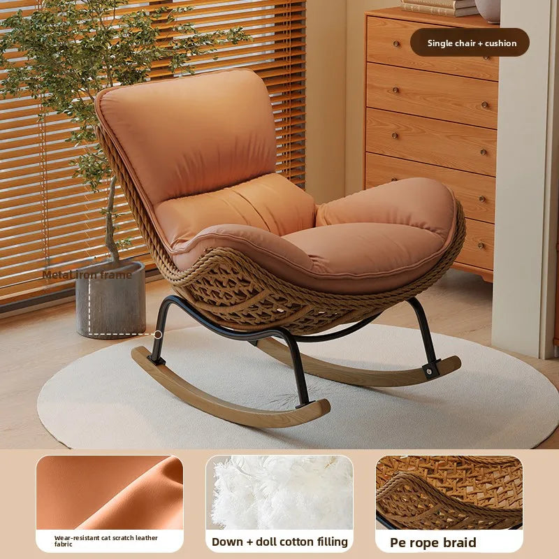 Woven Rattan Rocking Chair for Balcony Lazy Sofa with Comfortable Cushion Leisure Swivel Chairs for Living Room Lobster Chairs