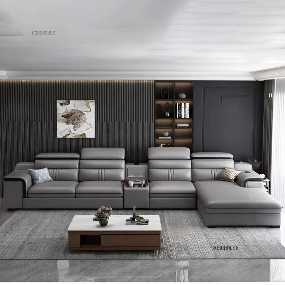 Modern Large Apartment Chaise Leather Sofa Combination Set Light Luxury Living Room Sofas Creative Office Comfortable Large Sofa