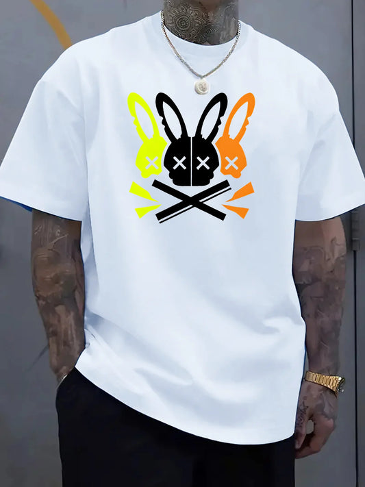 Men's casual round neck T-shirt with unique rabbit skull pattern - the perfect choice for summer