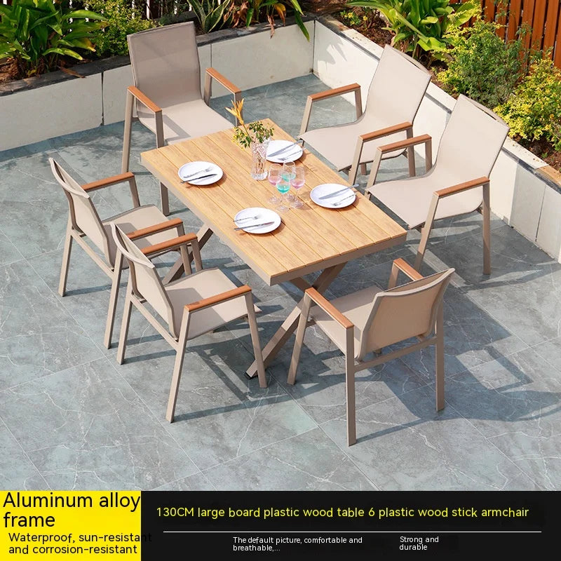 #Modern Outdoor Aluminum Chair Wood Metal Frame Villa Patio Garden Table Chair Set For Dining Courtyard Leisure