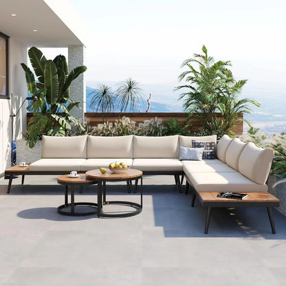 Modern L-Shaped Outdoor Conservation Sofa Set with Coffee Table, Acacia Wood Patio Sectional Sofa for Gardens,, Customized