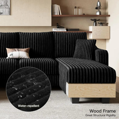 U Shaped Couch with Reversible Chaises Sectional Couches for Living Room Sectional Couch with Ottomans Corduroy (Black, U Shaped