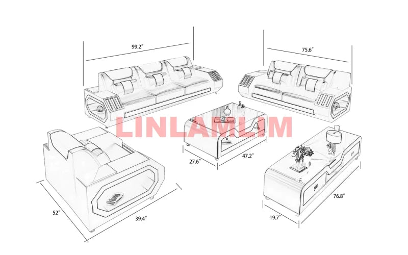 Leather Sofa Set with LED Light Living Room Furniture Couch Sofas Modernos Para Sala Grandes Sofás with USB Charging,Tabl