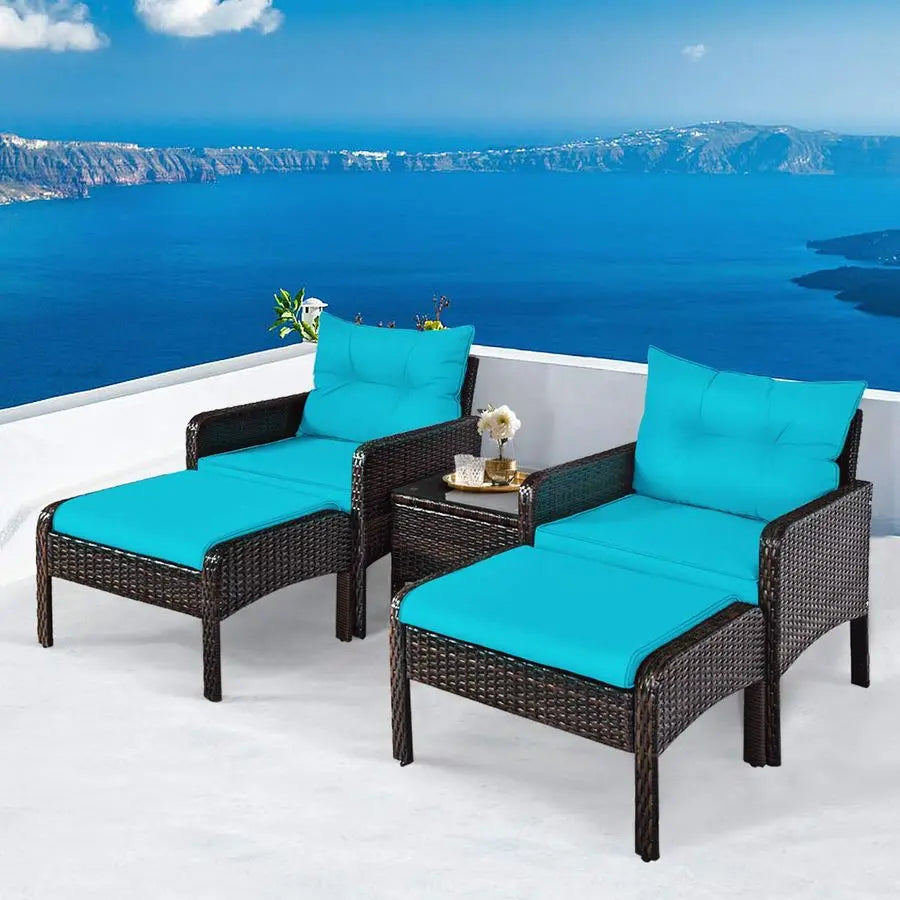 5Pieces Patio Furniture Set Outdoor Rattan Wicker Conversation Set with Coffee Table Cushioned Sofas and Ottoman Chat Set for G