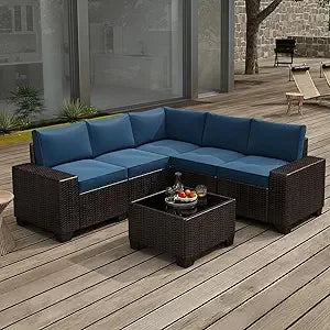 6 Pieces Patio Furniture Set, Outdoor Sectional Set of 6 w/Wide Armrest, Waterproof Wicker Conversation Set for Backyard, Deck,