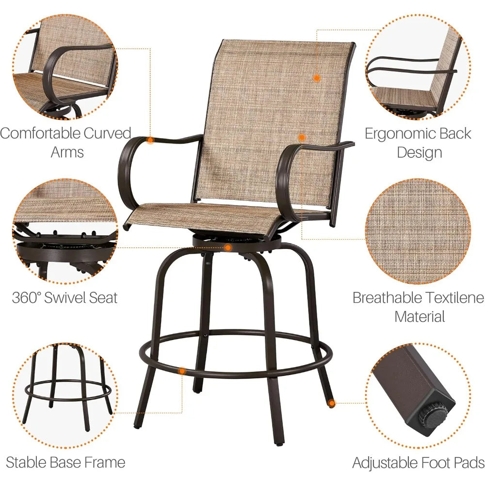 Patio Swivel Bar Stools Set of 2, All-Weather Outdoor High Bar Stools for Outdoor, Beach, Lawn, Poolside and Garden, Brown