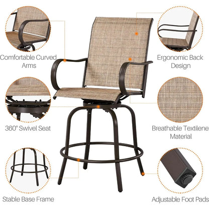 Patio Swivel Bar Stools Set of 2, All-Weather Outdoor High Bar Stools for Outdoor, Beach, Lawn, Poolside and Garden, Brown