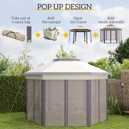 13' x 13' Pop Up Gazebo, Hexagonal Canopy Shelter with 6 Zippered Mesh Netting, Event Tent with Strong Steel Frame for
