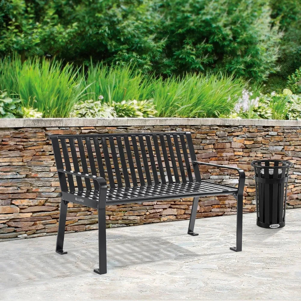 Four Ft Outdoor Park Bench, With Back Vertical Steel, 600 Lbs Capacity Black, Unassembled Heavy Duty Commercial