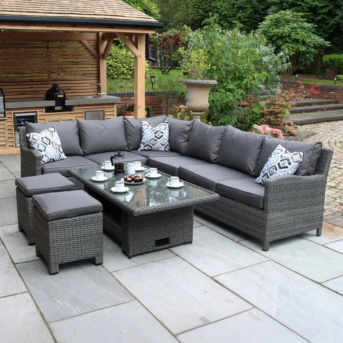 Outdoor Modern Furniture Hotel Villa Terrace Outdoor Rattan Garden Sofa Rattan Lounge Dining Set with Rise and Fall Table