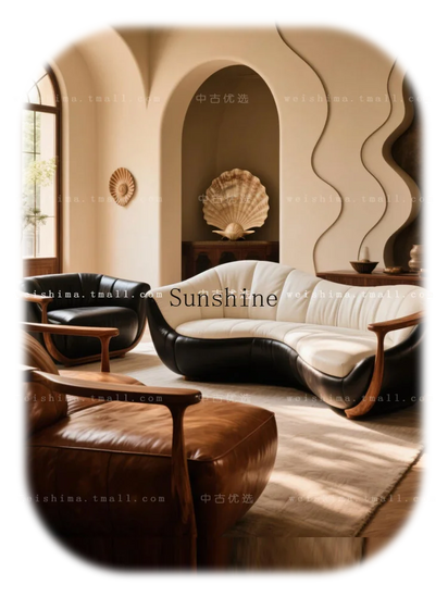 Medieval black and white leather solid wood curved sofa can be customized