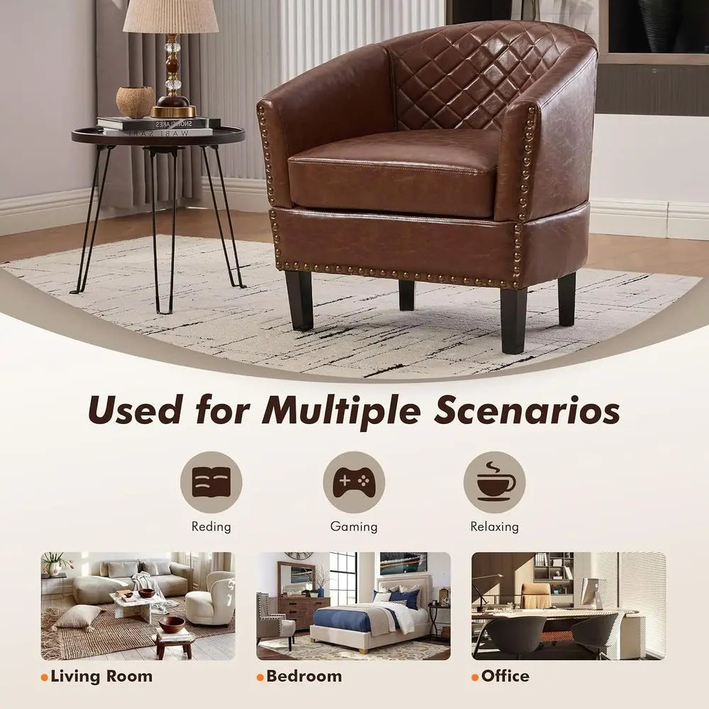 PU Barrel Chair Set of 2 Living Room Chair, Upholstered Sofa Club Chair Set with Nail-Heads and Solid Wood Legs for Bedroom, Off