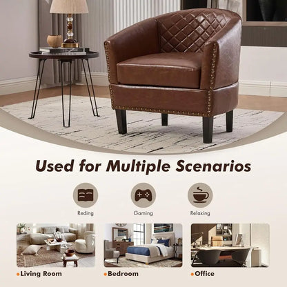 PU Barrel Chair Set of 2 Living Room Chair, Upholstered Sofa Club Chair Set with Nail-Heads and Solid Wood Legs for Bedroom, Off