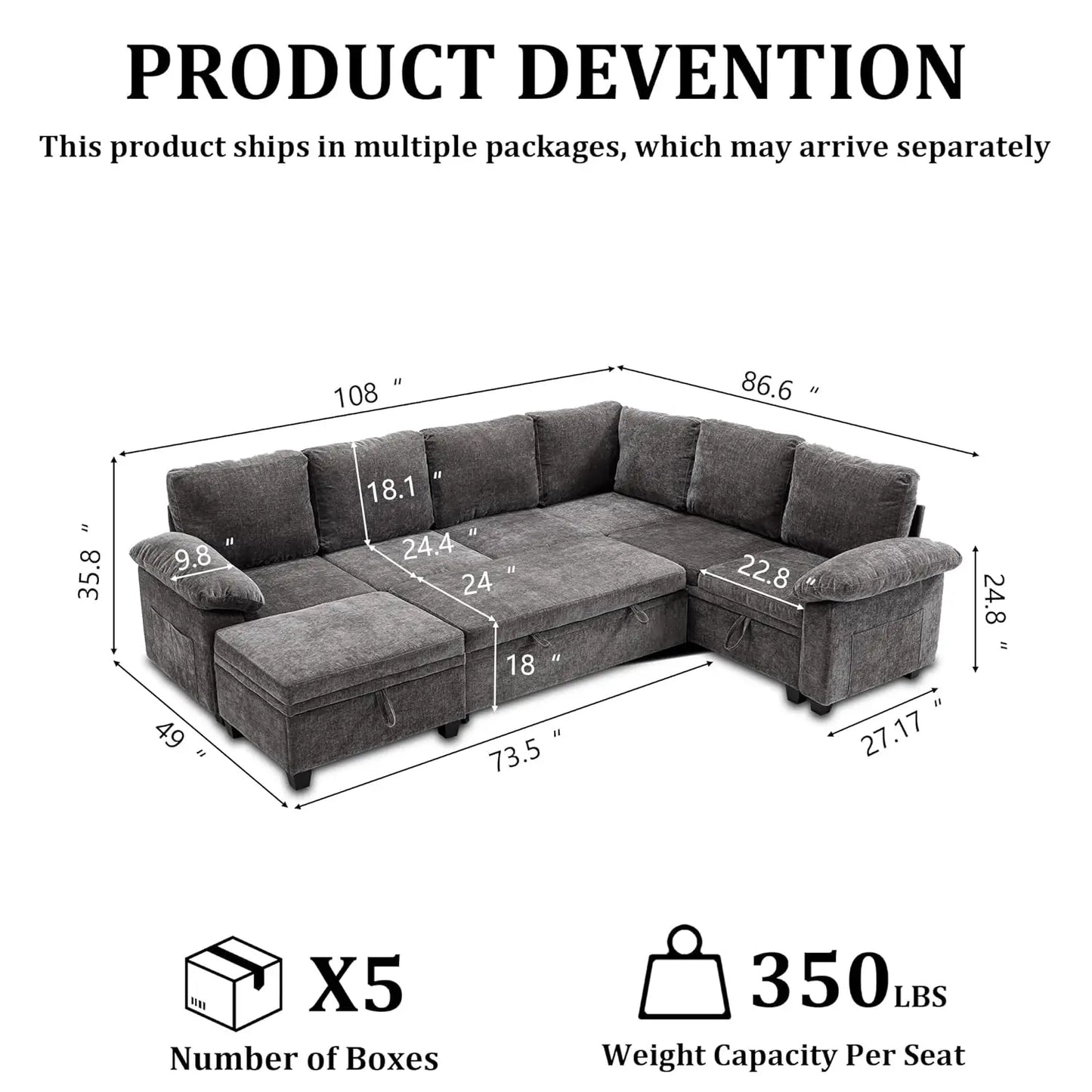 108 Inch Sectional Sleeper L Shaped Sofa with Pull Out Bed, 7 Seat Modular Sectional Sofa with Storage, Modern, Customized