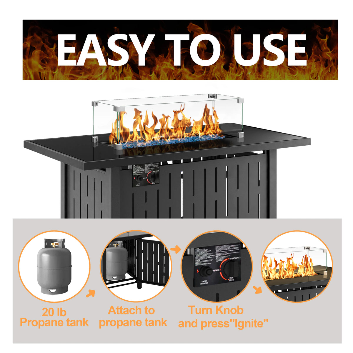 42 Inch Gas Fire Pit Table, 50,000 BTU Propane Pits for Outside with Steel Lid and Waterproof Cover, 2 in 1 Firepit Table