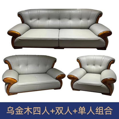 Ebony leather sofa modern light luxury high-end living room villa first layer cowhide solid wood new Chinese-style small