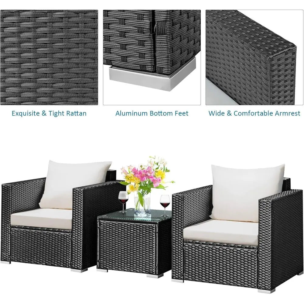 3 Pieces Patio Furniture Set, PE Rattan Wicker Sofa Set with Washable Cushion and Tempered Glass Tabletop, Outdoor or Garden Poo