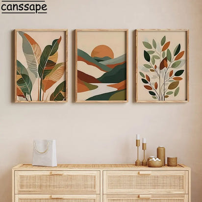 Sunset Leaf Art Poster Abstract Mountain Range Canvas Painting Minimalist Wall Art Living Room Bedroom Apartment Decor No Frame