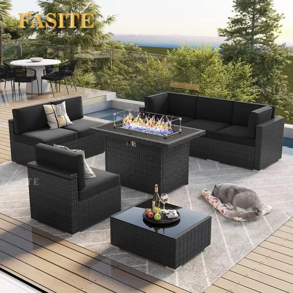 Furniture Set with 44" Propane Gas Fire Pit Table, Outdoor Sectional Conversation Set Wicker Rattan Sofa Set with Coffee Table
