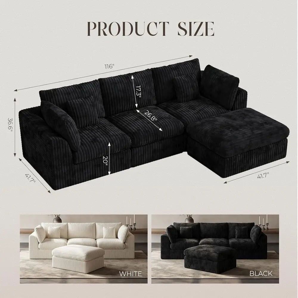 116” Cloud Sectional Couches for Living Room, Modular L Shaped Sofa with Ottoman, Deep Seat Chenille Sectional, Customized
