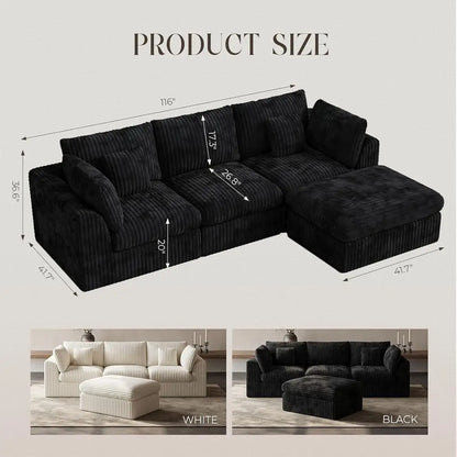 116” Cloud Sectional Couches for Living Room, Modular L Shaped Sofa with Ottoman, Deep Seat Chenille Sectional, Customized
