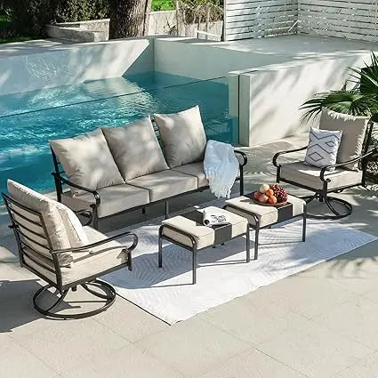 5 Piece Patio Furniture Set, Metal Patio Conversation Set with 1x3 Seater Sofa & 2xSwivel Chairs & 2xOttomans, 5.75'' Extra Thic