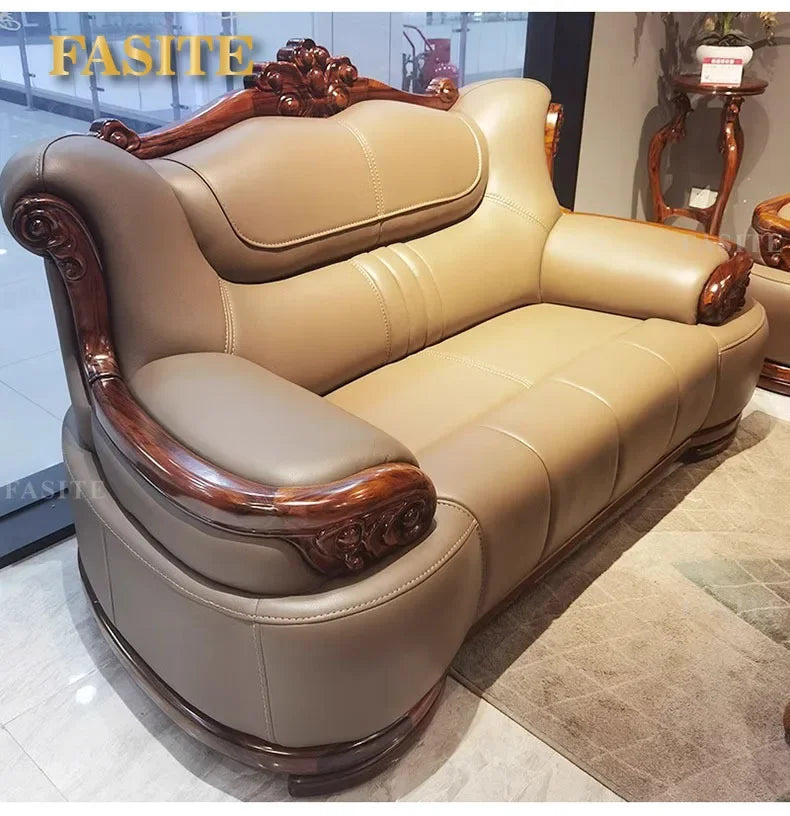 New Chinese-style simple ebony leather sofa luxury villa living room size apartment solid wood furniture corner combination