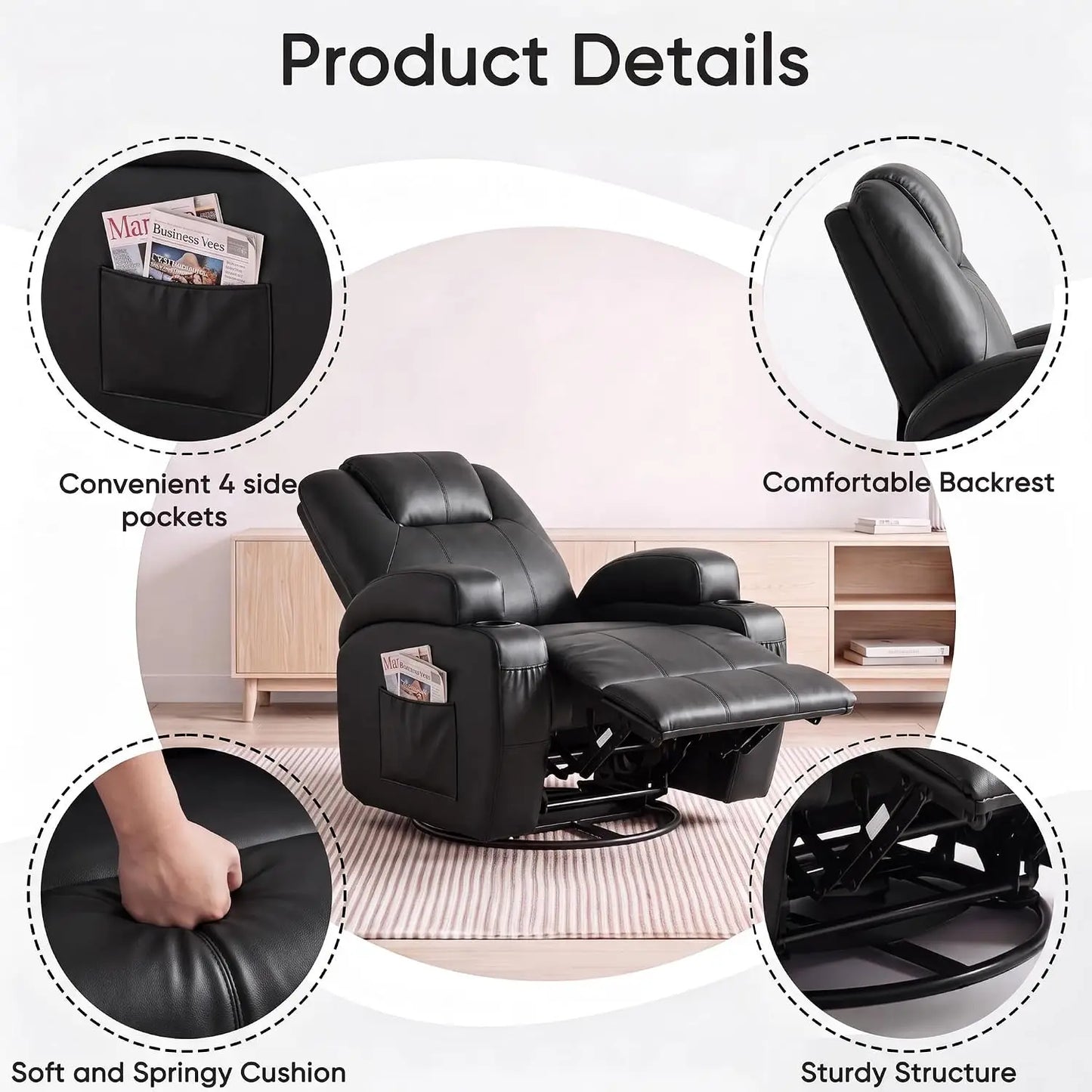 Recliner Chair, 360° Swivel Rocker Chair for Adults, Rocking Recliner Chair with Massage, Comfy Single Sofa with Side, Custom