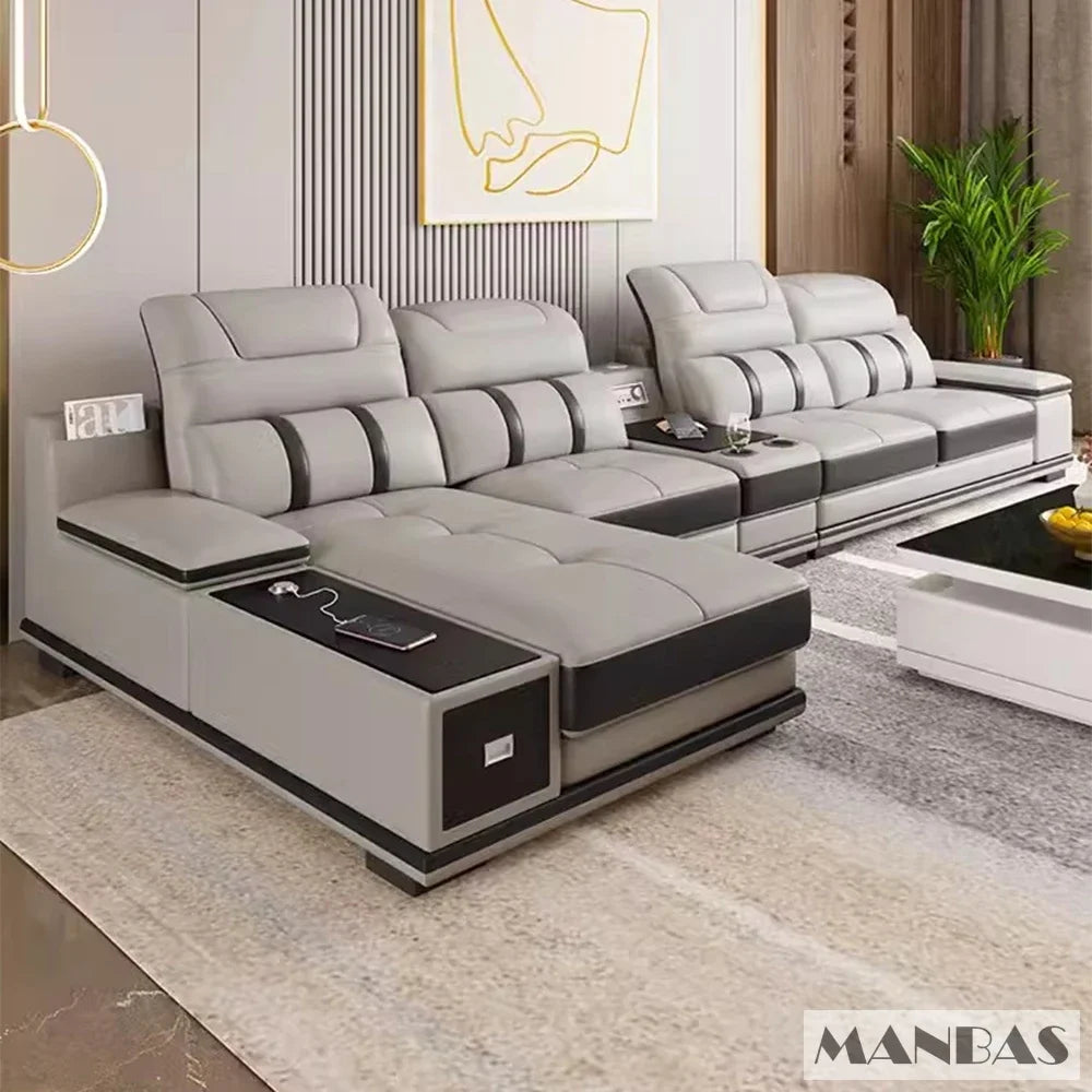 Modern Genuine Leather Sofa Living Room By MANBAS - Stylish Italian Couch with Bluetooth Speaker, USB & Adjustable Headrests