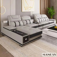 Modern Genuine Leather Sofa Living Room By MANBAS - Stylish Italian Couch with Bluetooth Speaker, USB & Adjustable Headrests