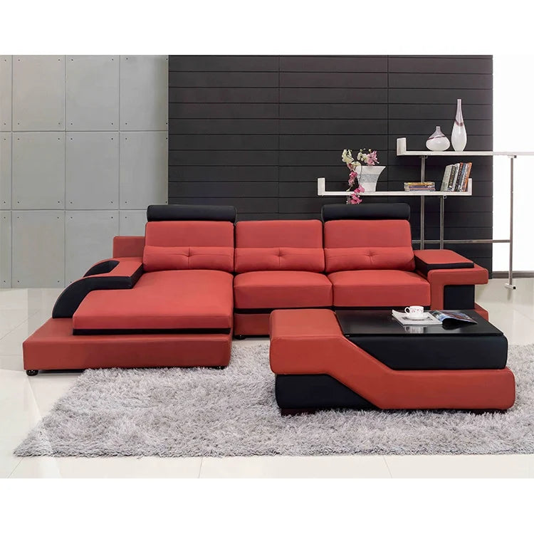 Italian Leather Sectional Sofa Set Red Black L-Shape Living Room Furniture for Office or Apartment Genuine Leather Material