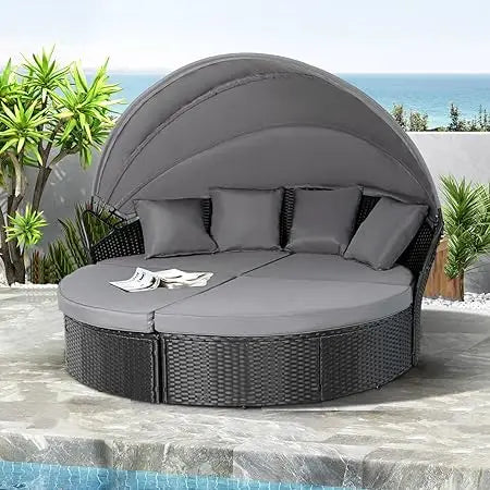 Outdoor Patio Canopy Bed Round Daybed with Washable Cushions, Clamshell Sectional Seating Wicker Furniture with Retractable Can