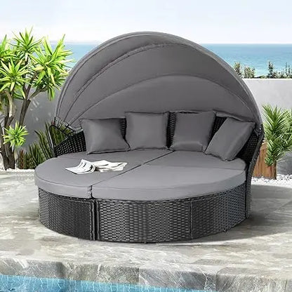 Outdoor Patio Canopy Bed Round Daybed with Washable Cushions, Clamshell Sectional Seating Wicker Furniture with Retractable Can